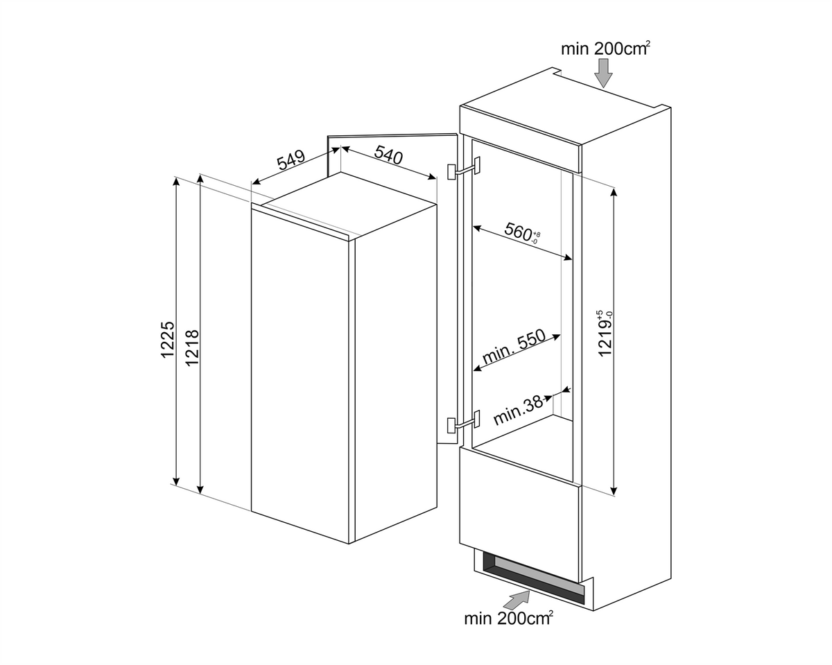 Réfrigérateur encastrable SMEG S4L120E 1 porte — 207 L — Niche 122 cm — Classe E — 34 dB — LED — Dégivrage auto