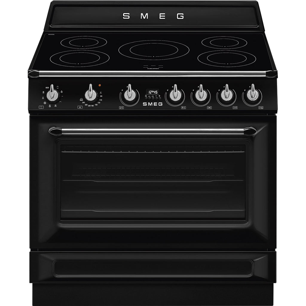 Cuisinière induction Smeg TR90IMBL Victoria 90 cm noir — Grand four 115 L, 5 foyers Booster, Vapor Clean, fermeture douce, classe A
