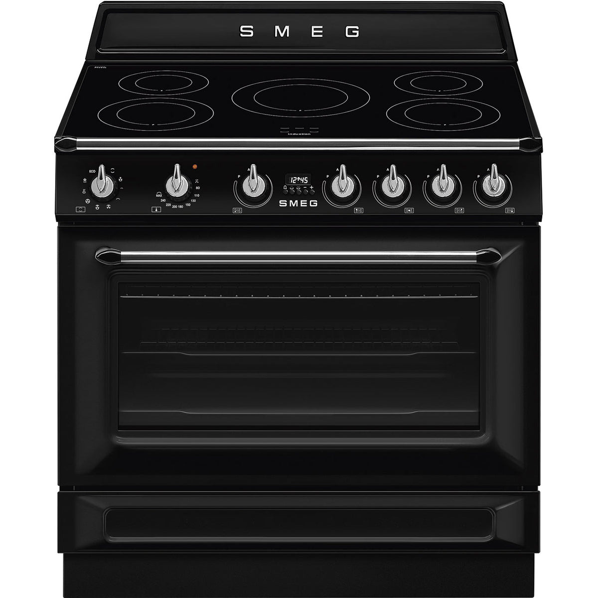 Cuisinière induction Smeg TR90IMBL Victoria 90 cm noir — Grand four 115 L, 5 foyers Booster, Vapor Clean, fermeture douce, classe A