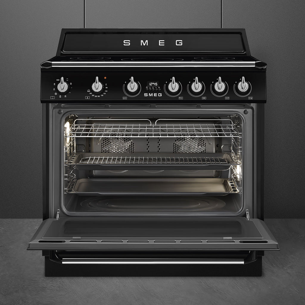 Cuisinière induction Smeg TR90IMBL Victoria 90 cm noir — Grand four 115 L, 5 foyers Booster, Vapor Clean, fermeture douce, classe A