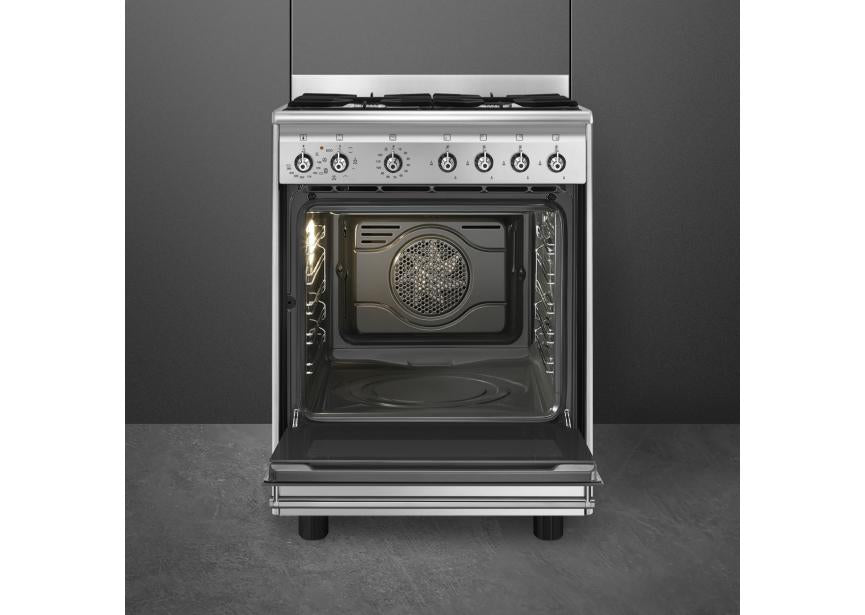 Cuisinière SMEG CX60GMX 60×60 (gaz + four électrique) Inox — 70 L, Vapor Clean, Classe A | Electro‑Choc