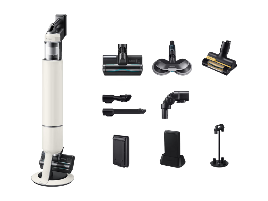 Aspirateur balai SAMSUNG Bespoke AI Jet Lite Pro Extra 280 AW (VS80F28DGS/WA) — 280 W, AI Cleaning 2.0, HEPA, Clean Station, 2 batteries (jusqu’à 120 min), Santorini Beige | Electro‑Choc