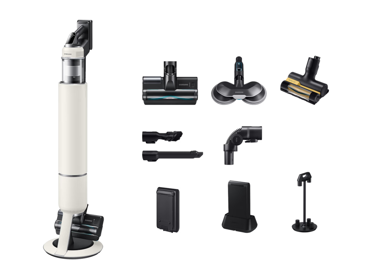 Aspirateur balai SAMSUNG Bespoke AI Jet Lite Pro Extra 280 AW (VS80F28DGS/WA) — 280 W, AI Cleaning 2.0, HEPA, Clean Station, 2 batteries (jusqu’à 120 min), Santorini Beige | Electro‑Choc