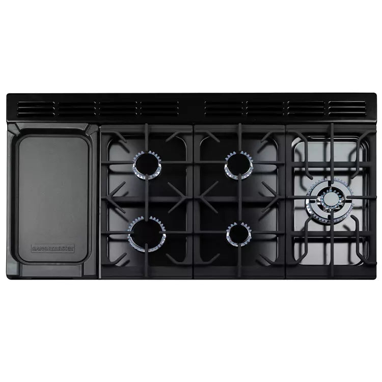 Piano de cuisson mixte Falcon Classic Deluxe 110cm OC CLDLO110DFPGBL/AB-E1 noir et laiton — 5 brûleurs gaz, 2 zones vitrocéramiques et 2 fours de 80 L