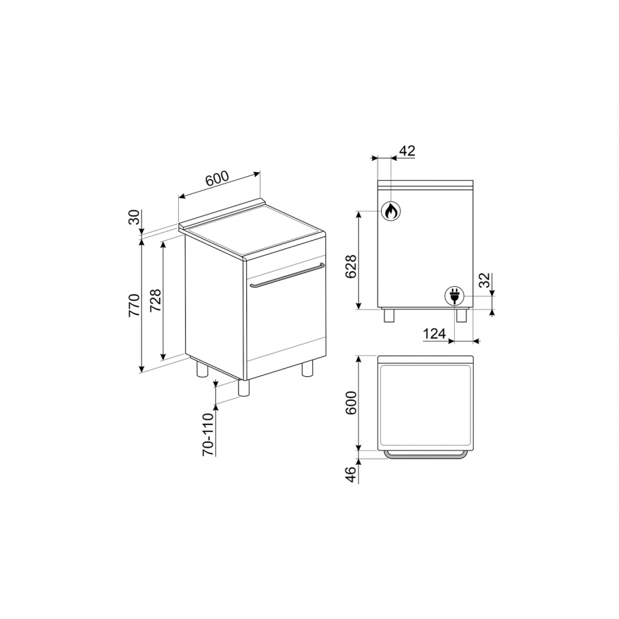 Centre de cuisson SMEG CX61GMBL 60×60 (gaz + four électrique) Noire — 70 L, Vapor Clean, Classe A | Electro‑Choc