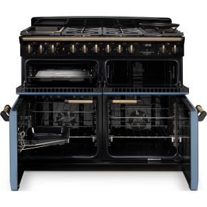Piano de cuisson mixte Falcon Classic Deluxe 110cm OC CLDLO110DFPGBL/AB-E1 noir et laiton — 5 brûleurs gaz, 2 zones vitrocéramiques et 2 fours de 80 L